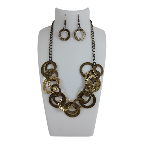 Lot of 2 - Dangle Earrings & Statement Necklace Bronze Brass Tone Metal Rings - Picture 1 of 16